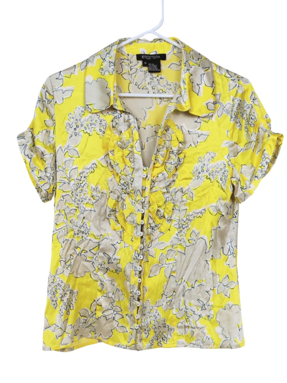 Etcetera Silk Floral Blouse Size 10 Yellow Gray Blue Career Top